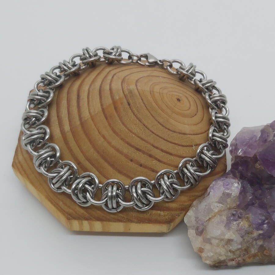 Barrel Weave bracelet, made with stainless steel rings