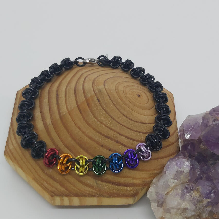 Barrel Weave bracelet, made with anodized aluminum rings.