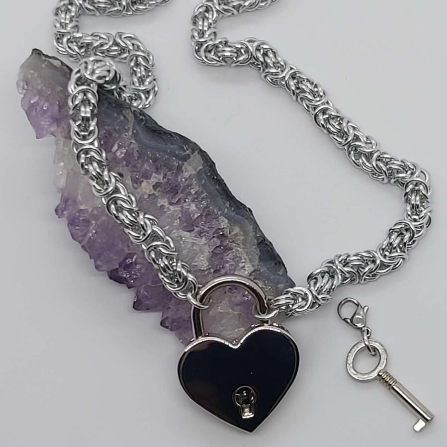 Byzantine Chain with locking pendant, made with anodized aluminum rings. Comes with key to pendant.