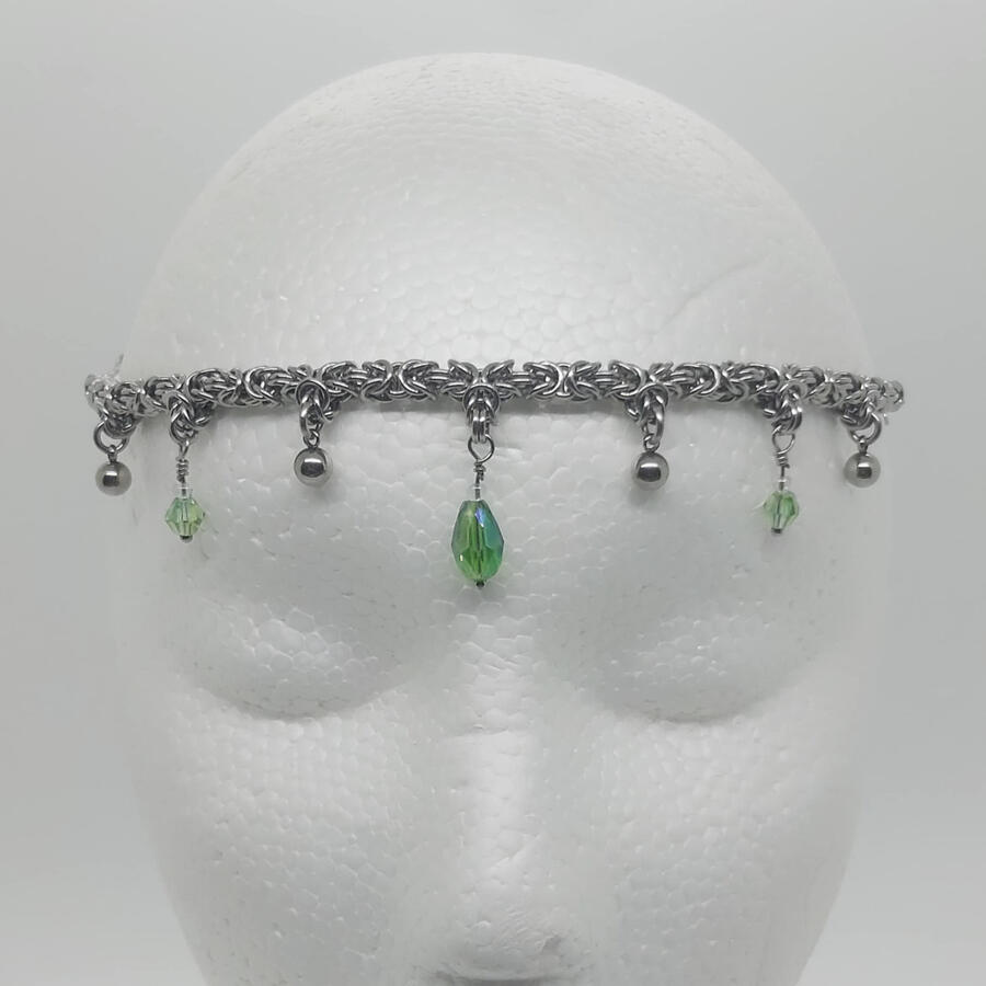 Ren-Faire inspired head piece made with stainless steel rings/drops and glass beads.