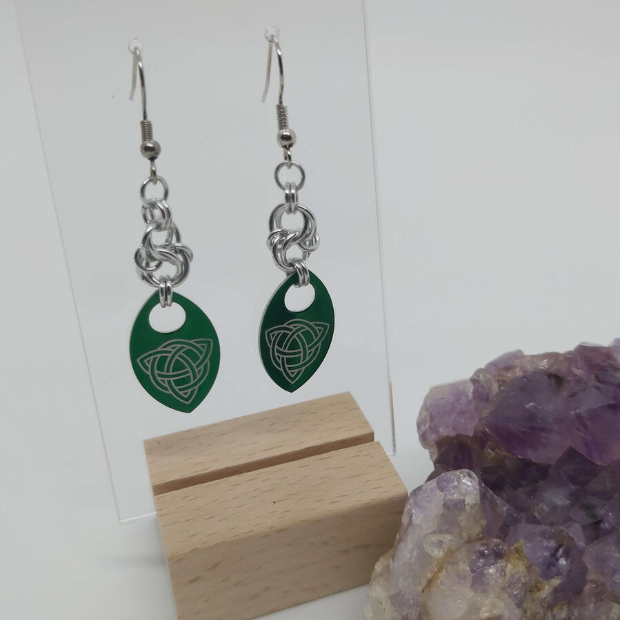 Celtic Spiral Earrings, made with anodized aluminum rings & scales, and stainless steel ear wires.