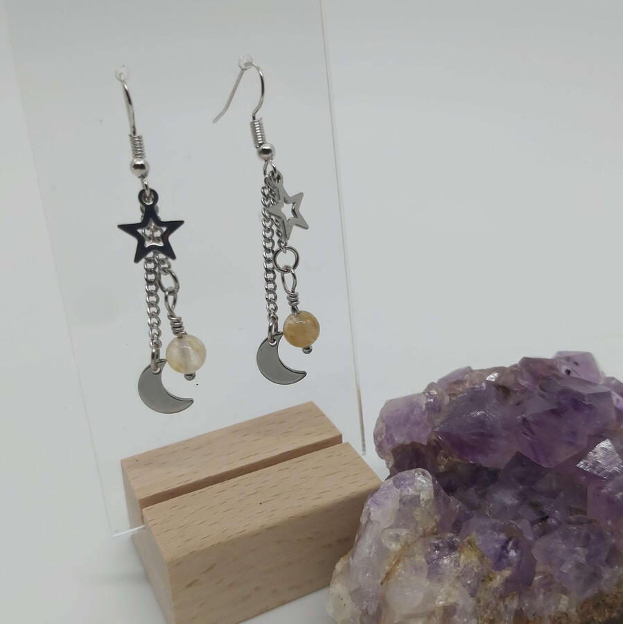 Crescent Moon Drop Earrings, made with semi-precious beads (citrine pictured) and stainless steel charms & chain.