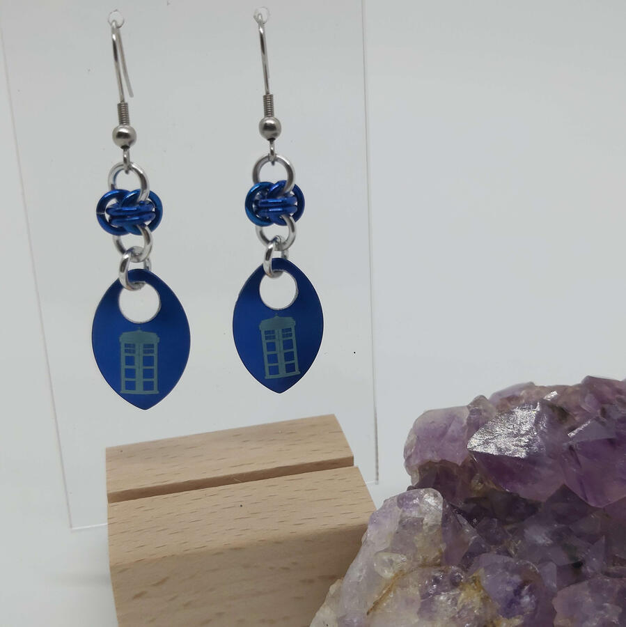 Scale Earrings, made with anodized aluminum rings & scales, and stainless steel ear wires.