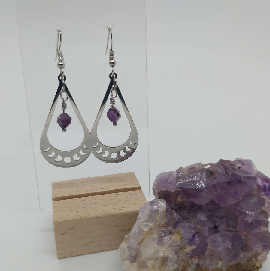 Amethyst Moon Phase Earrings, made with Amethyst beads and stainless steel