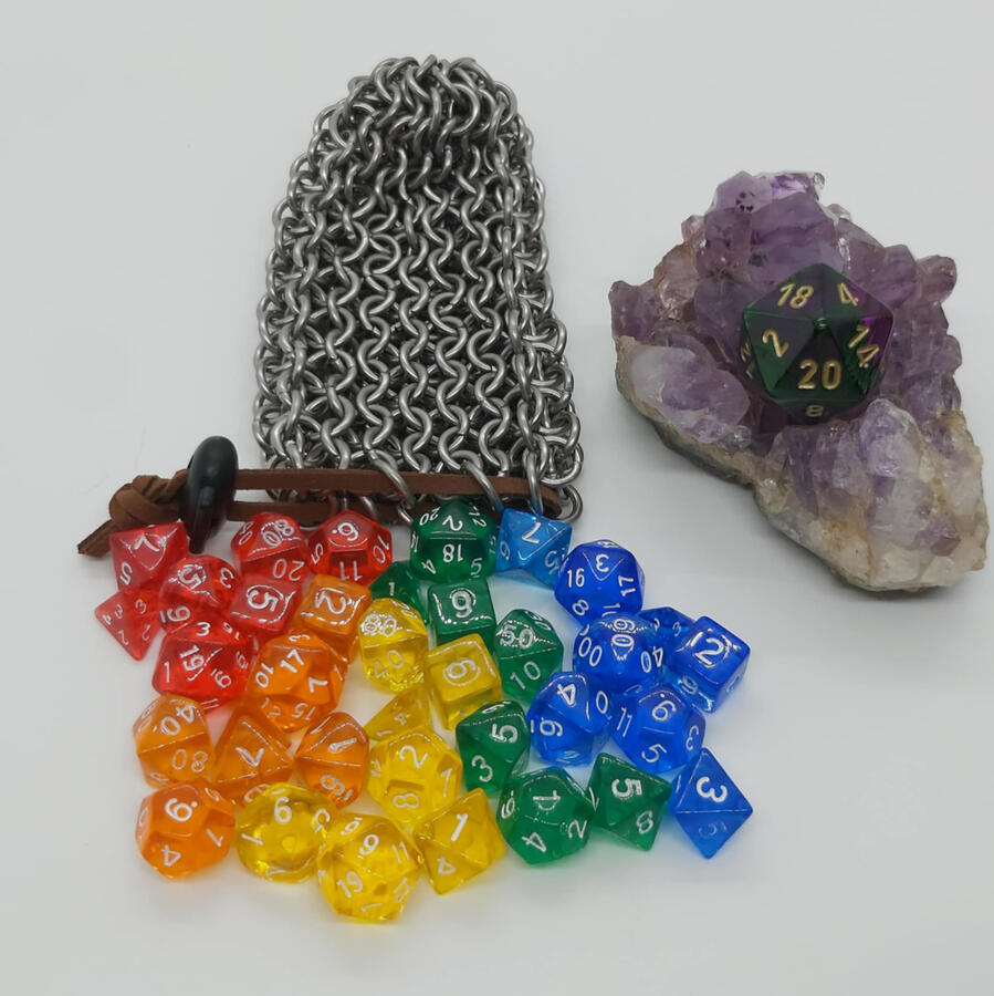 Stainless Steel Bag, small. Holds one set of standard dice, or five sets of mini-dice.