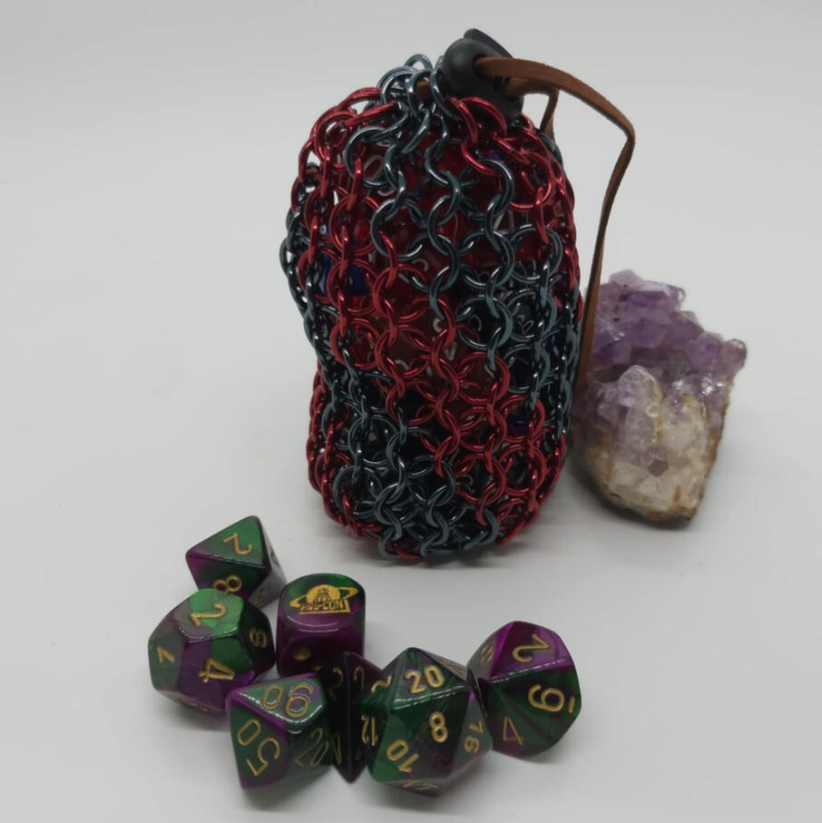 Regular Sized Bag, Anodized Aluminum. Holds four sets of standard dice.