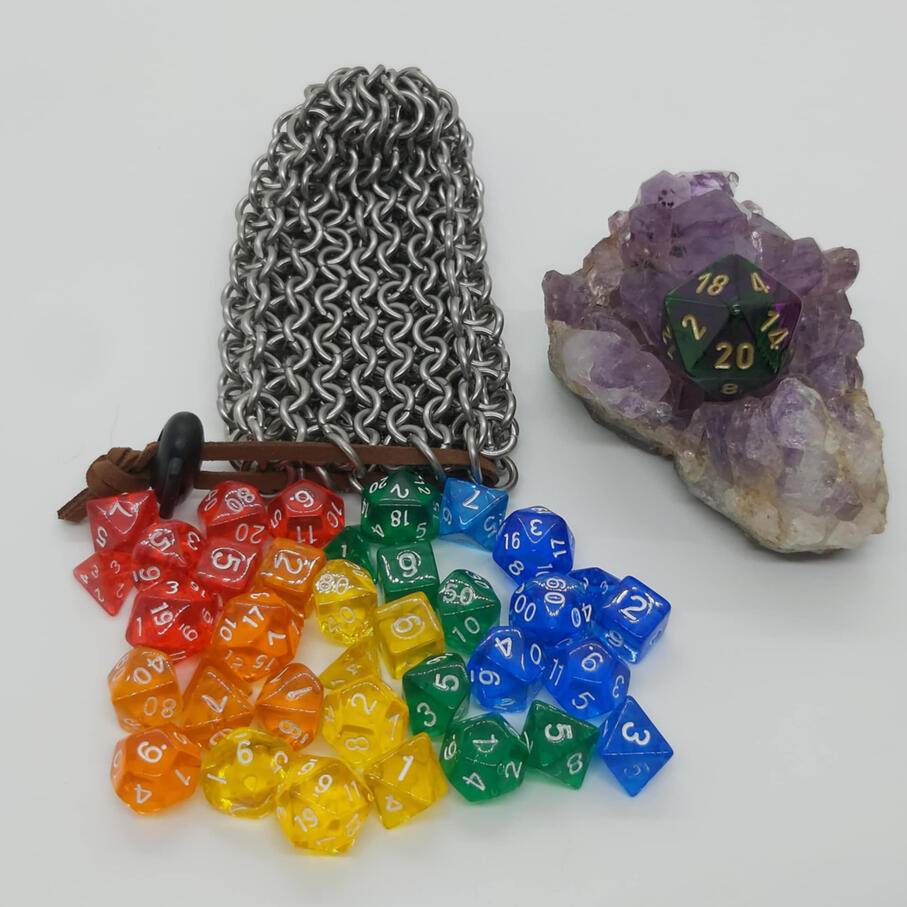 Stainless Steel Bag, small. Holds one set of standard dice, or five sets of mini-dice.